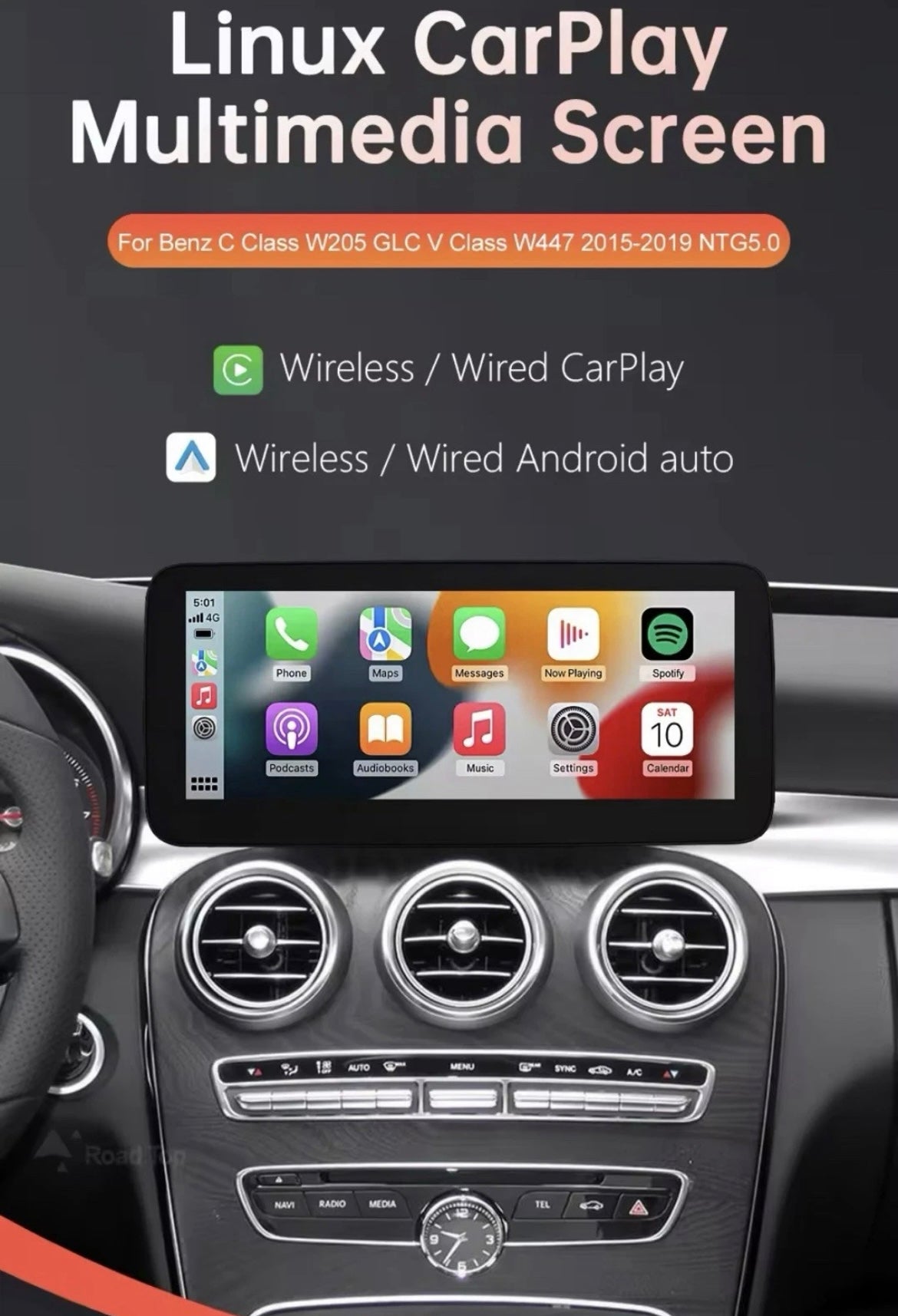 10.25" NTG5.0 Screen Upgrade With Carplay Android Auto For Mercedes A C CLA GLA GLC V Class W205 W176 W447 2015-2018