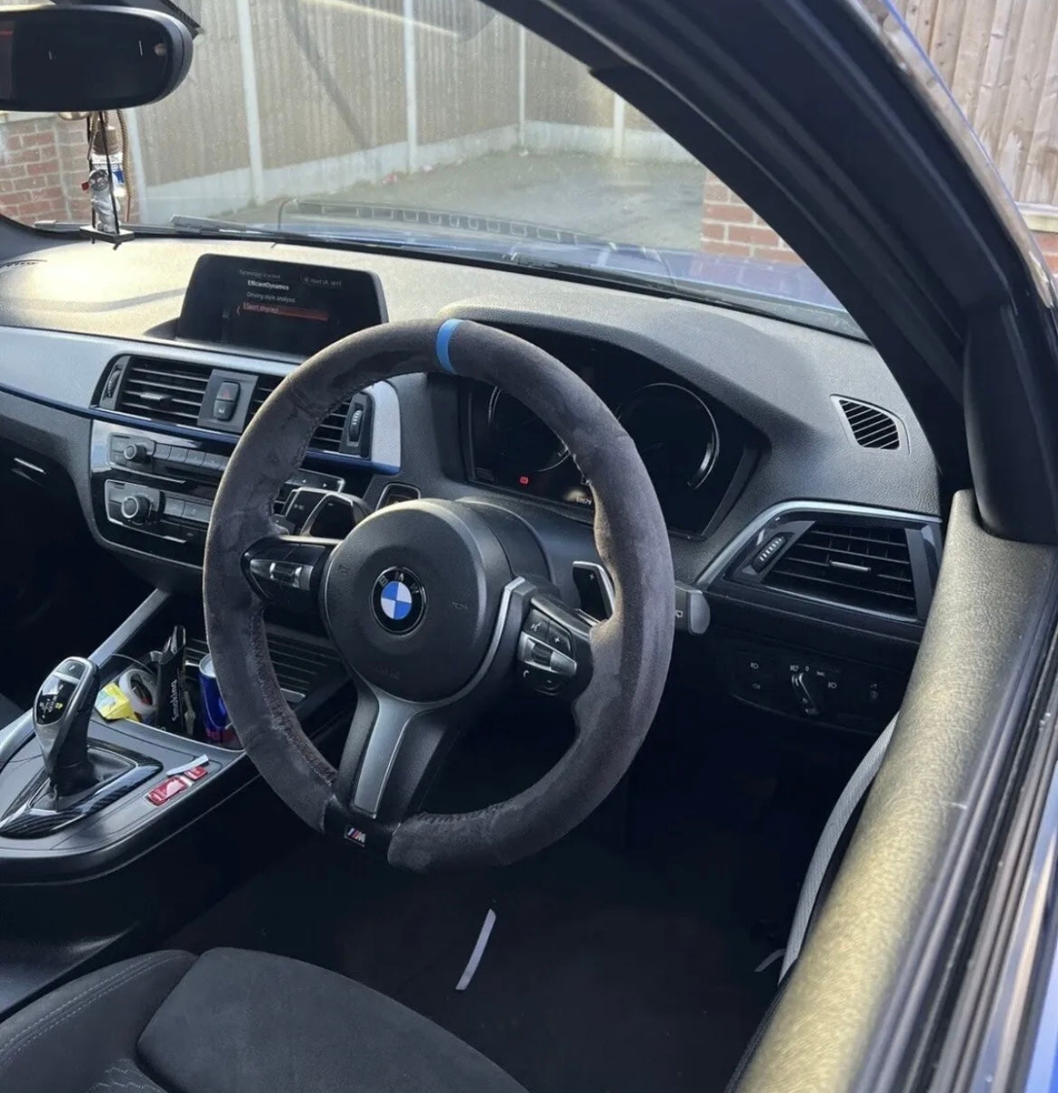 BMW 12345X Series M Sport Suede Steering Wheel Cover Self Stitch With Blue, Navy And Red Thread