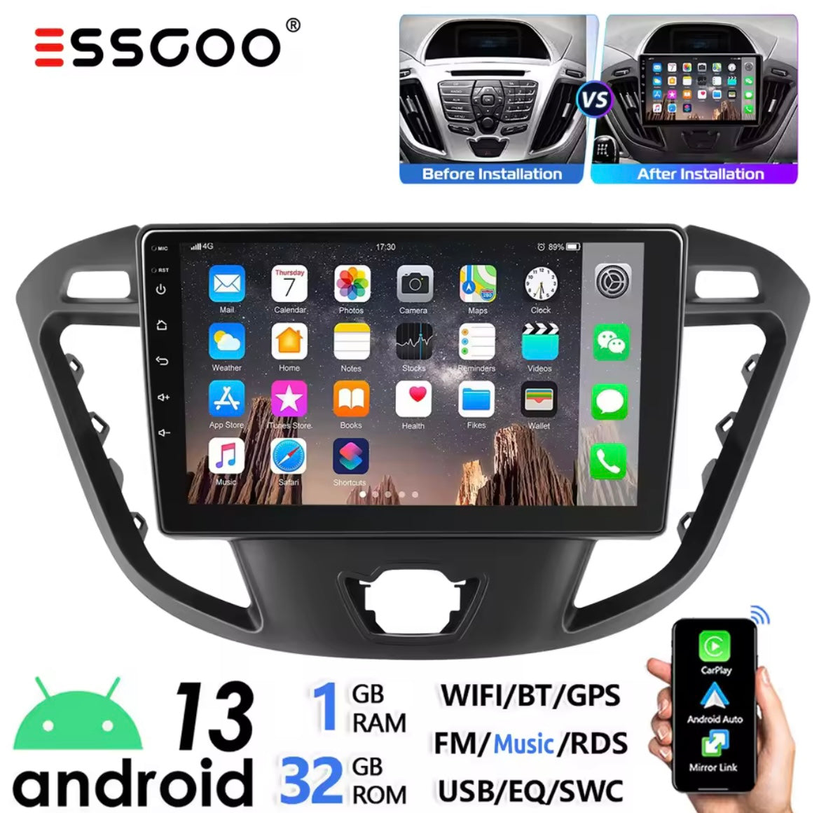 Ford Transit Custom 2012-2021 Screen Upgrade 9 Inch Touchscreen CarPlay Android Auto