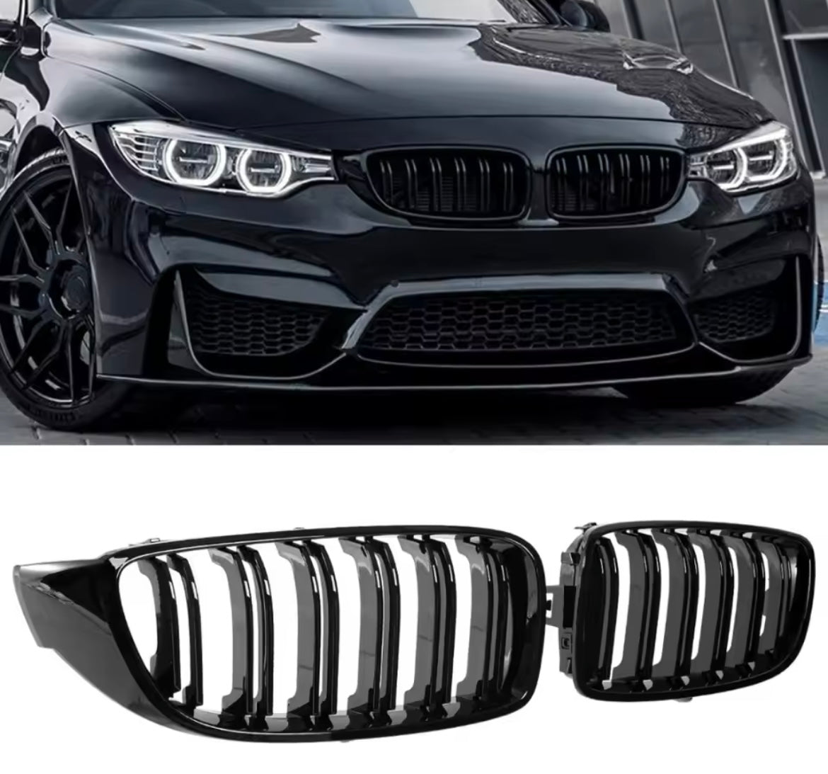 BMW 4 Series F32 F33 F36 M4 Style Gloss Black Double Slat Kidney Grilles