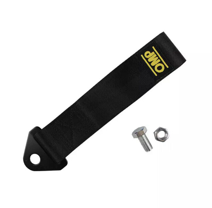 OMP Racing Tow Strap 28cm Black Nylon With Fixing Bolt JDM Style Tow Rope 2T
