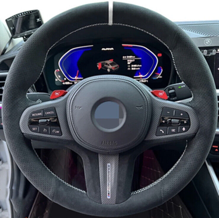 BMW 34578X G Series M Sport Suede Steering Wheel Cover Self Stitch White Stitch