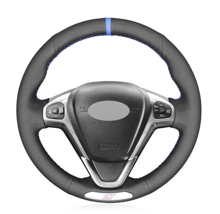 Ford Fiesta ST MK7/7.5 Black Perforated Leather Steering Wheel Cover Blue Thread