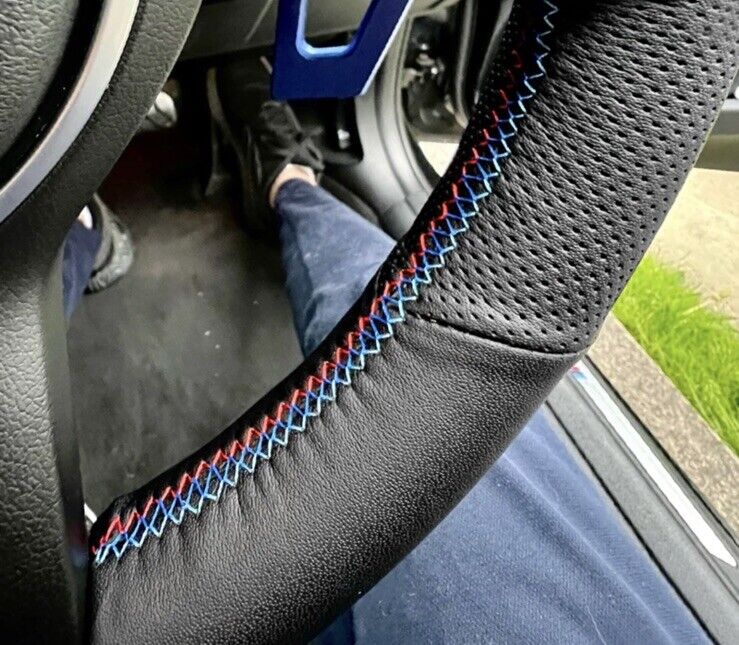 BMW 123456X Series M Sport Leather Steering Wheel Cover Self Stitch Red Blue