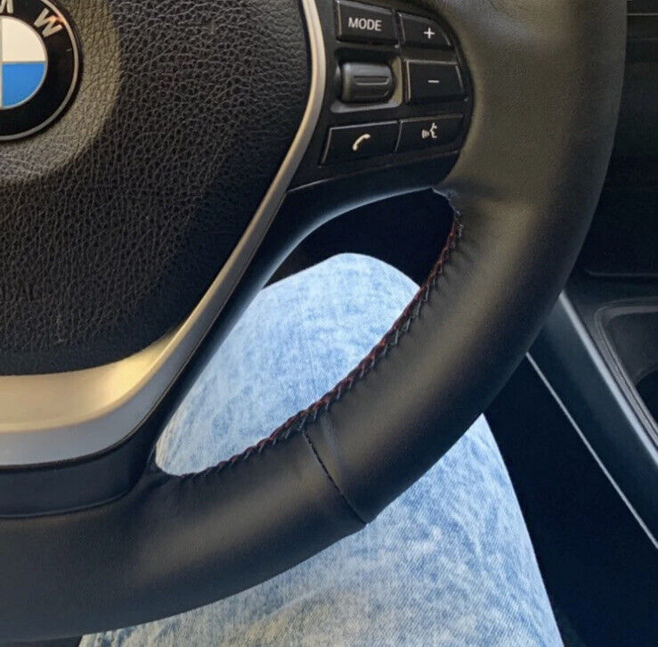 BMW Leather Steering Wheel Cover Red Blue Navy Thread & Blue Centre Line