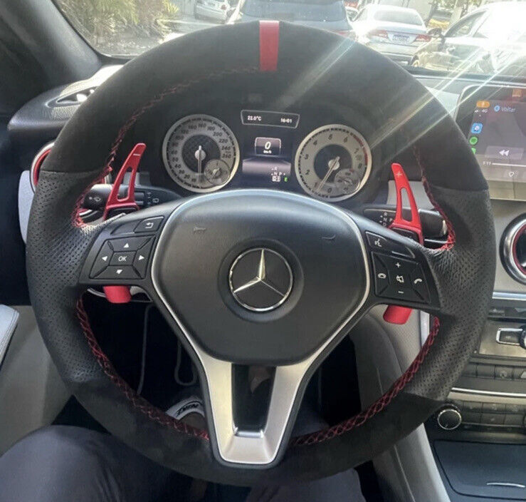 Mercedes A B E CLA Class Suede & Leather Steering Wheel Cover Red Stitch & Line