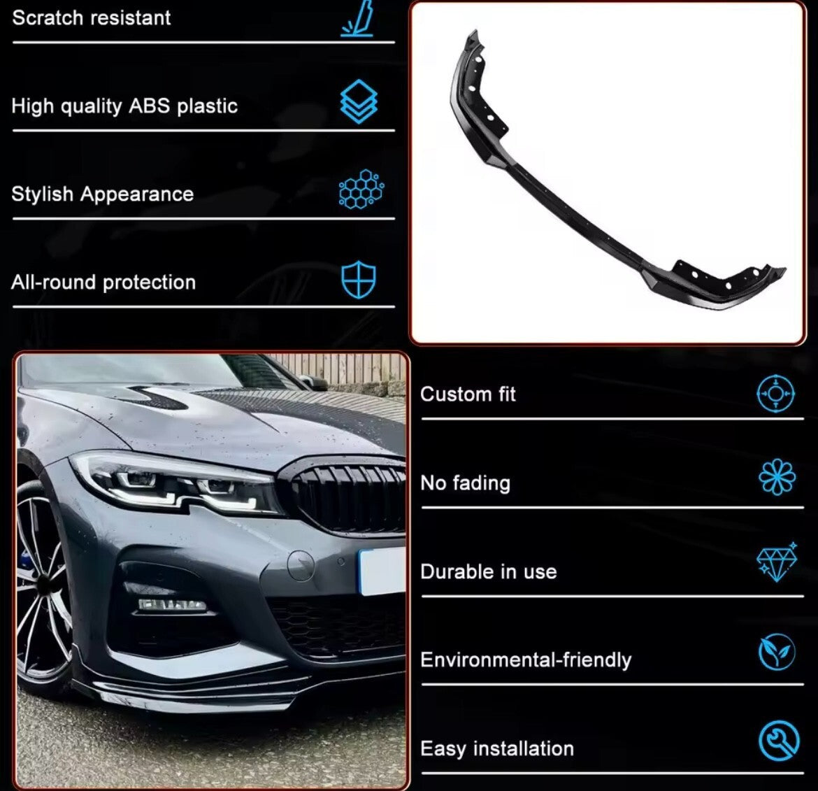 BMW 3 Series G20 G21 G28 2019-2021 M Sport Gloss Black Front Splitter Kit
