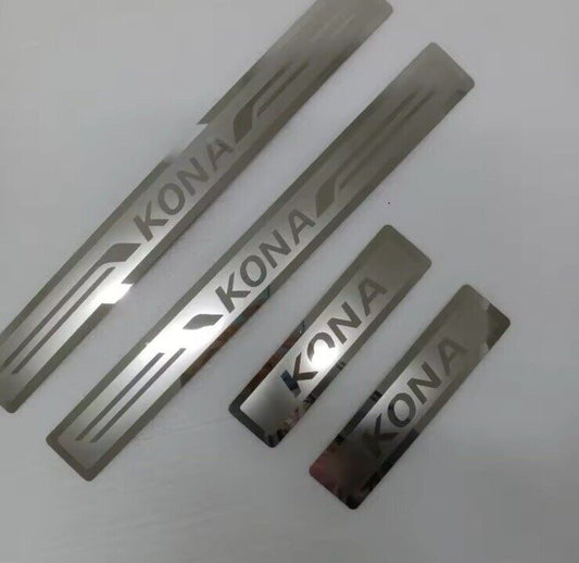 Hyundai Kona Stainless Steel Door Sill Protector Strips Scuff Plates Chrome 4pcs