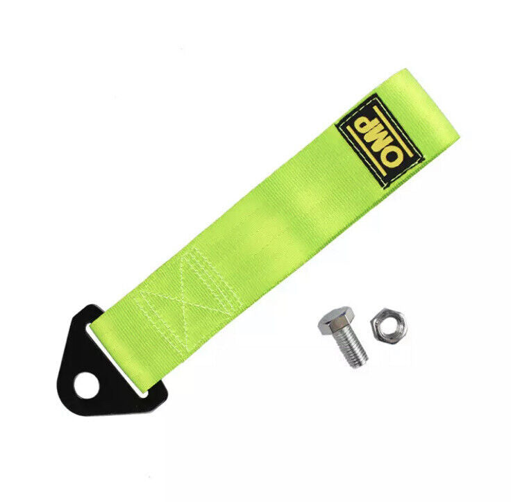 OMP Racing Tow Strap 28cm Green Nylon With Fixing Bolt JDM Style Tow Rope 2T