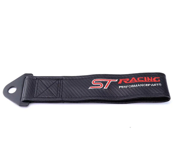 ST Racing Tow Strap 28cm Black With Fixing Bolt JDM Style Tow Rope Carbon Effect