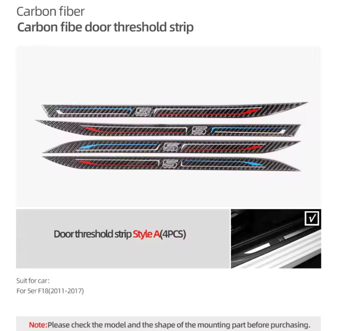 BMW 5 Series F18 2011-2017 3D Carbon Fibre Effect Door Sill Overlay Strips 4pcs