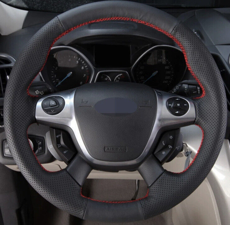 Ford Focus Kuga C-Max Leather Steering Wheel Cover Red Stitch Thread Self Stitch