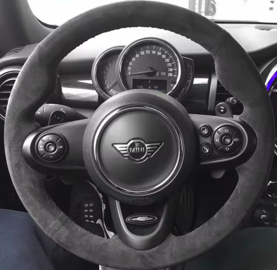 Mini JCW F56 Clubman JCW Suede Steering Wheel Cover Self Stitch Black Thread
