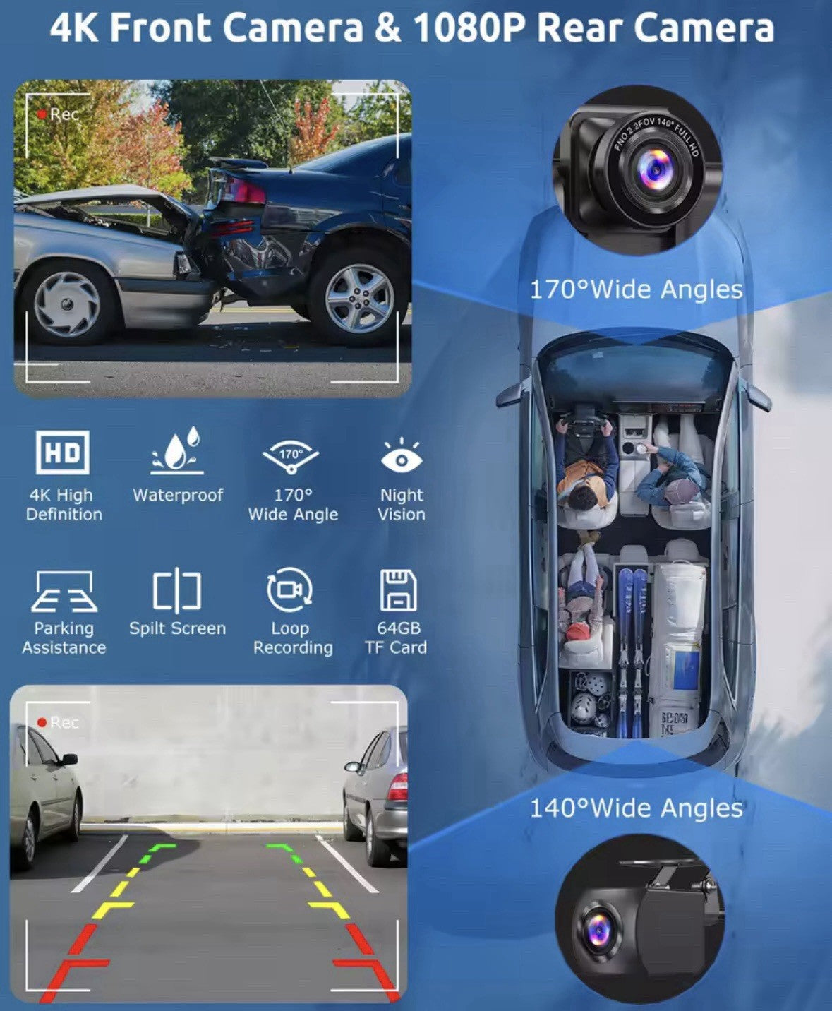 10.26" Universal Carplay Android Auto Screen Display Dash Cam & Reverse Cam 64G