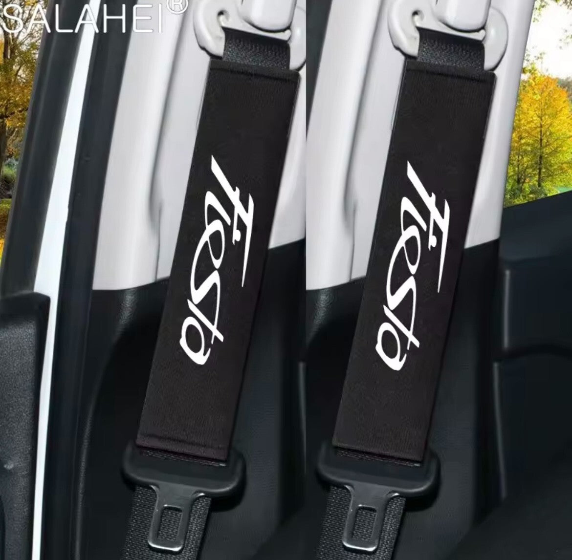 2pcs Ford Fiesta MK7 Seatbelt Cover Shoulder Pads Black Cotton White Print