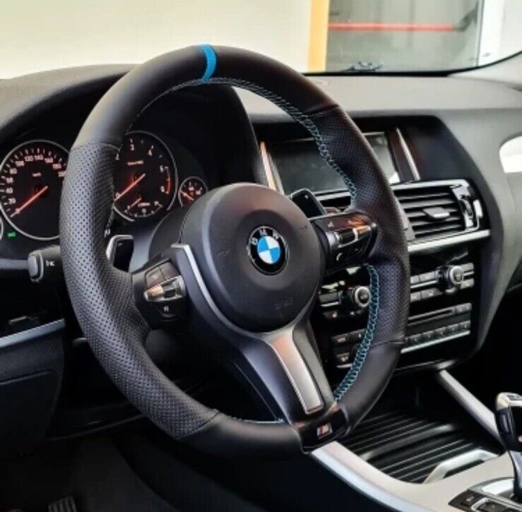BMW 123456X Series M Sport Leather Steering Wheel Cover Self Stitch Light Blue