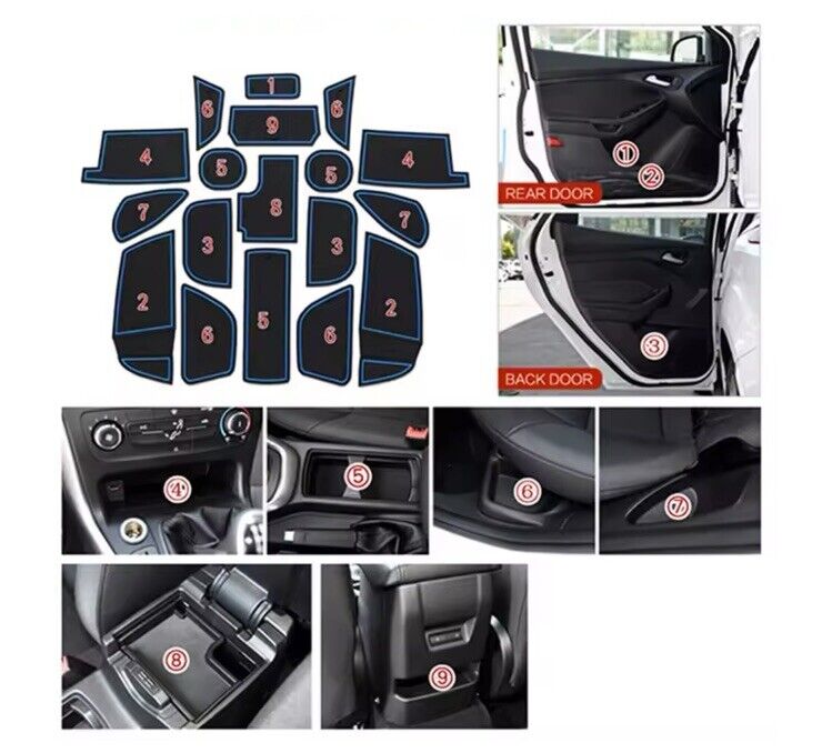 Ford Focus MK3.5 2015-2018 Interior Trim Anti Slip Rubber Mats Black Blue 18pcs