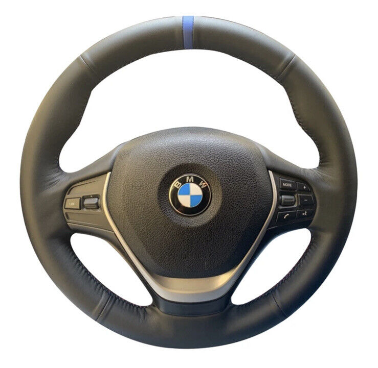 BMW Leather Steering Wheel Cover Red Blue Navy Thread & Blue Centre Line