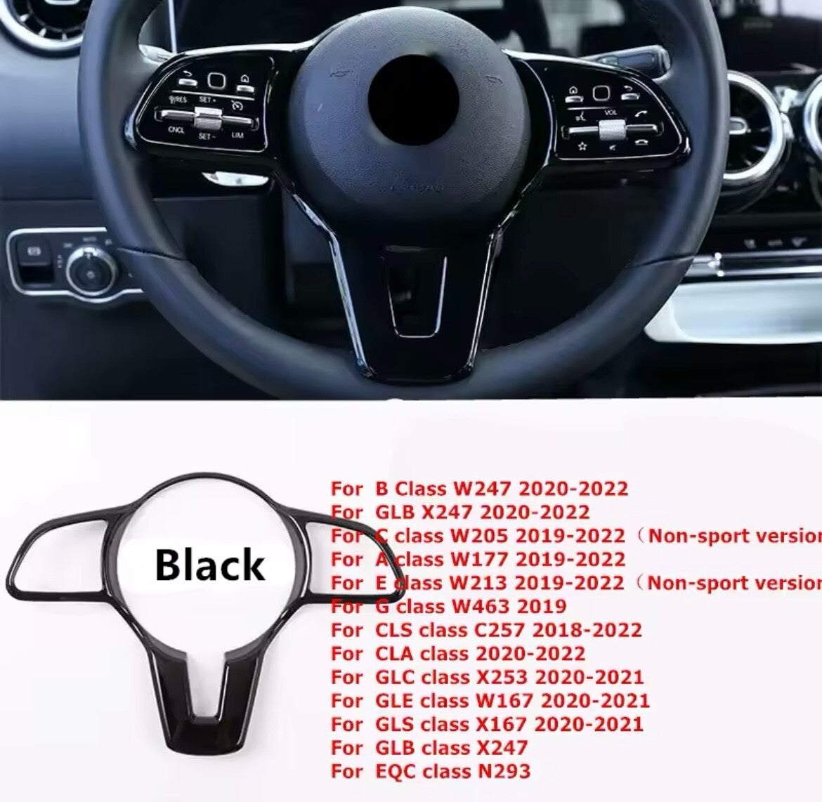 Mercedes A B C E Class CLA GLA GLC GLE 2019-2022 Gloss Black Steering Wheel Trim