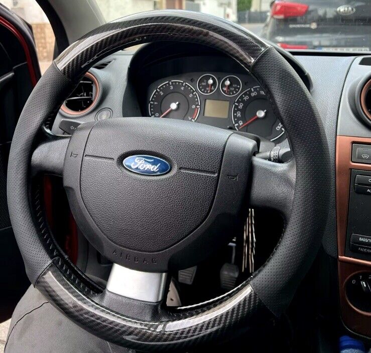 38cm Black PU Leather & Carbon Fibre Effect Steering Wheel Cover Universal Fit