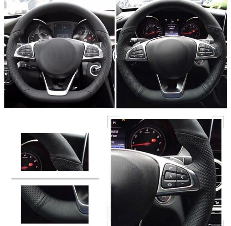 Mercedes A B C CLA E GLA Class Black Leather Steering Wheel Cover Self Stitch