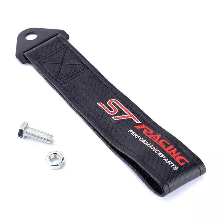 ST Racing Tow Strap 28cm Black With Fixing Bolt JDM Style Tow Rope Carbon Effect