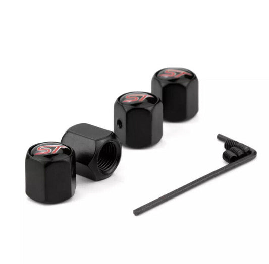 4pcs Black Metal ST Tyre Stem Valve Dust Caps For Ford ST Fiesta Focus Puma ST
