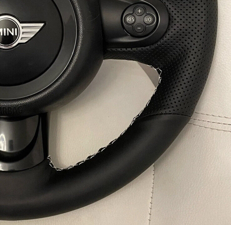 Mini Cooper R56 R57 Black Leather Steering Wheel Cover White Thread Self Stitch