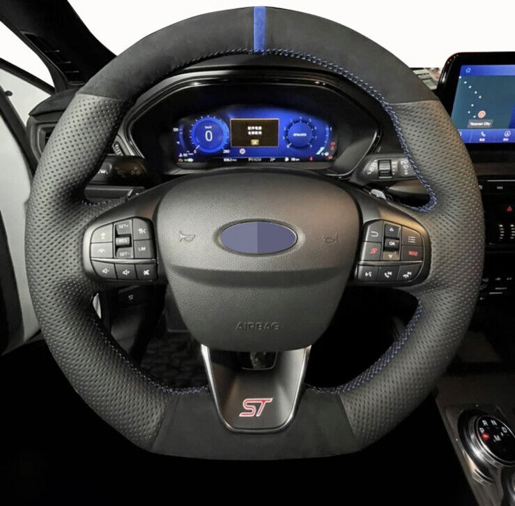 Ford Fiesta Focus ST ST Line Suede Leather Steering Wheel Cover Blue Stitch