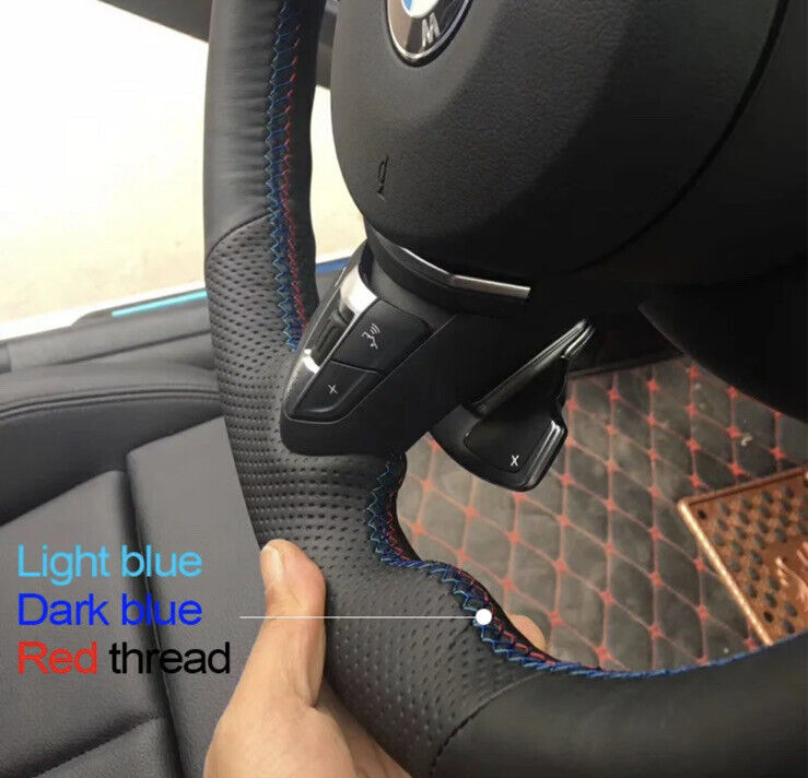 BMW M Sport Leather Steering Wheel Cover Self Stitch Blue Navy Red Thread