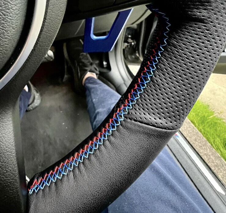 BMW M Sport Leather Steering Wheel Cover Self Stitch Blue Navy Red Thread
