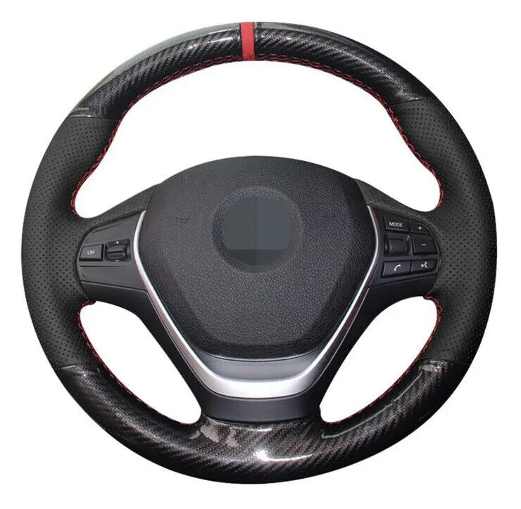 BMW Leather & Carbon Steering Wheel Cover Self Stitch Red Thread & Centre Line