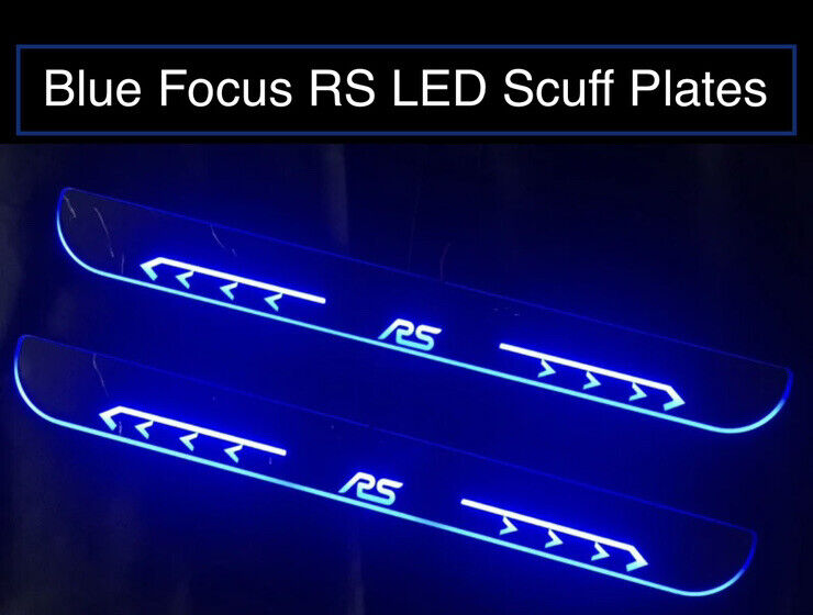 Ford Focus RS Blue LED Door Sill Protector Strips Chrome Scuff Plates 2pcs