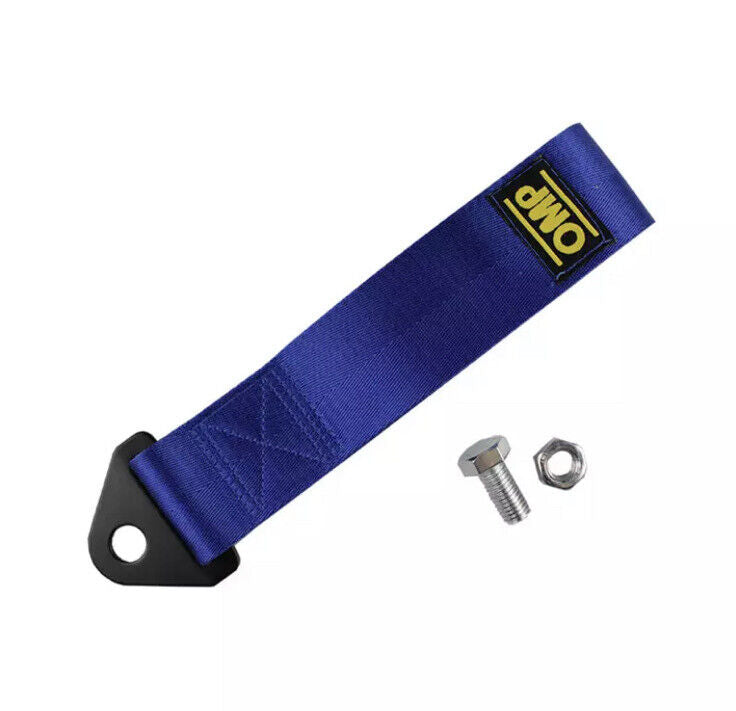 OMP Racing Tow Strap 28cm Blue Nylon With Fixing Bolt JDM Style Tow Rope 2T
