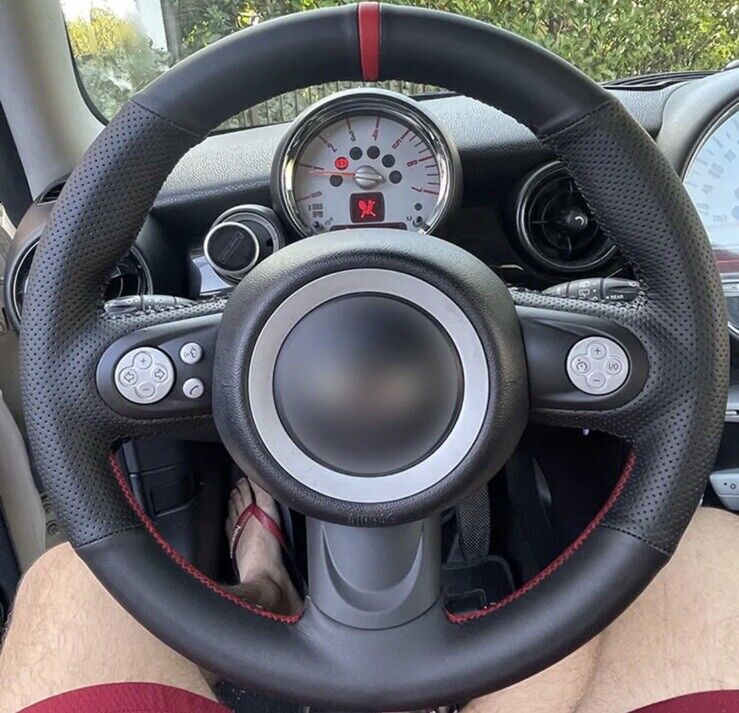 Mini Cooper R56 R57 Black Leather Steering Wheel Cover Self Stich Red Thread