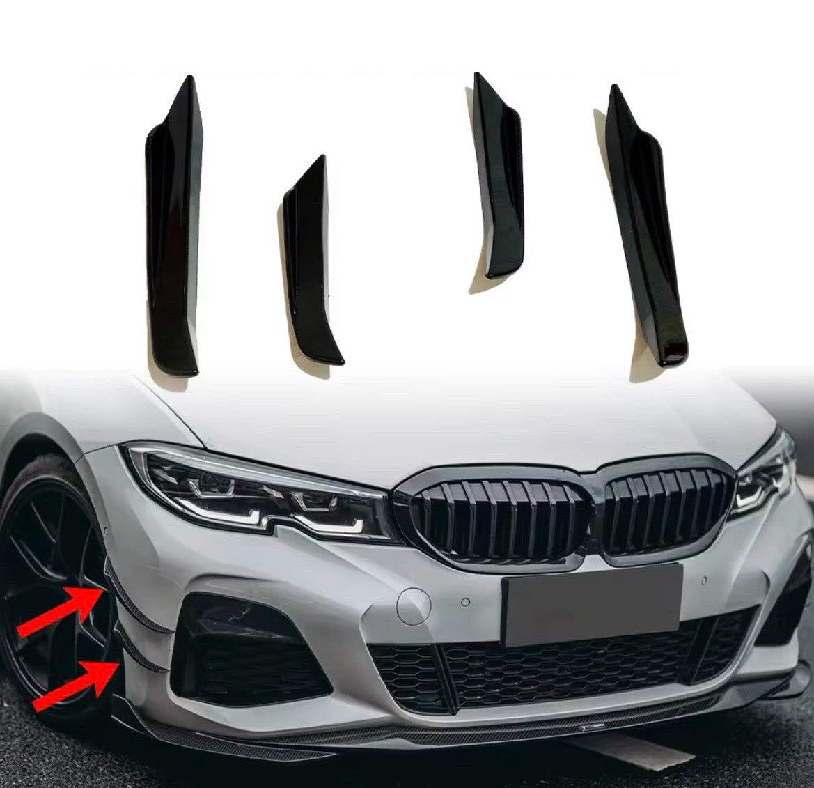 BMW 3 Series G20 G21 2019-2022 Gloss Black Front Bumper Side Canards Fins 4pcs