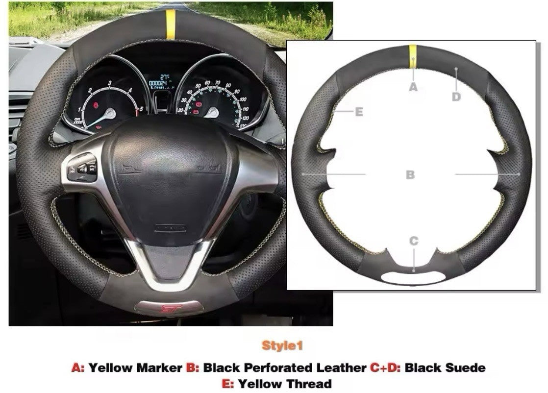 Ford Fiesta ST MK7.5 Genuine Leather + Suede Steering Wheel Cover Yellow Thread