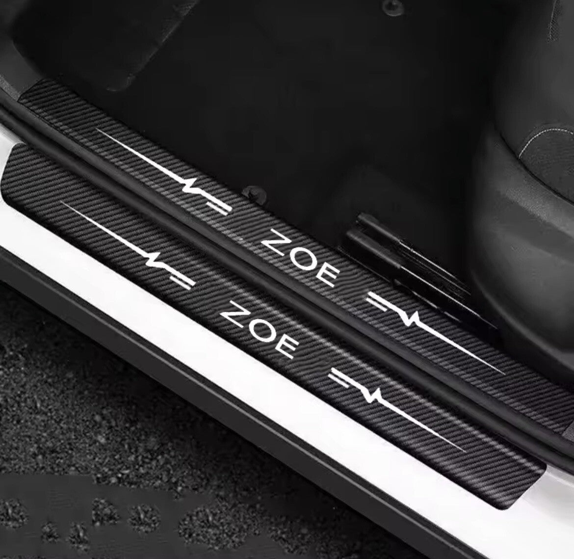 Renault Zoe Carbon Fibre Effect Vinyl Adhesive Door Sill Overlay Strips 4pcs