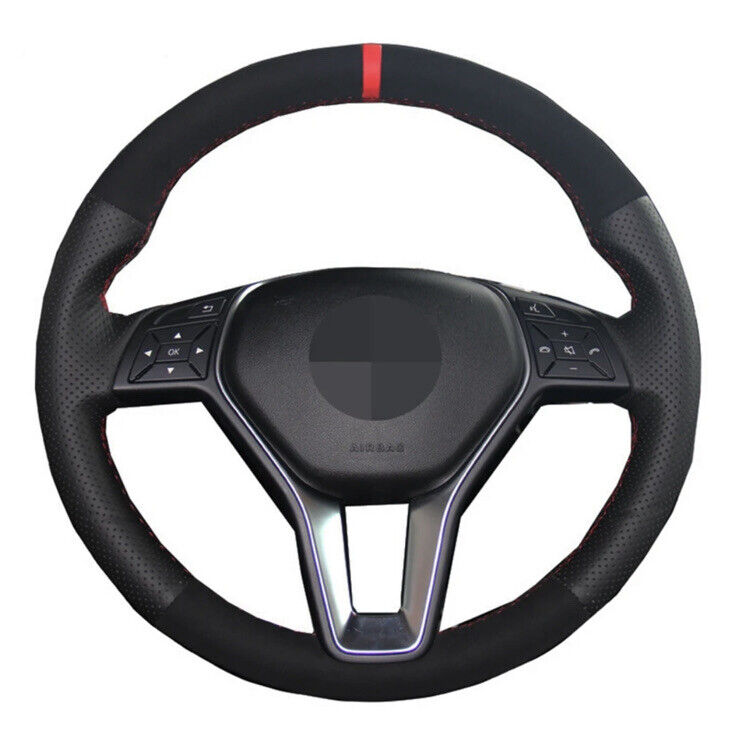 Mercedes A B E CLA Class Suede & Leather Steering Wheel Cover Red Stitch & Line