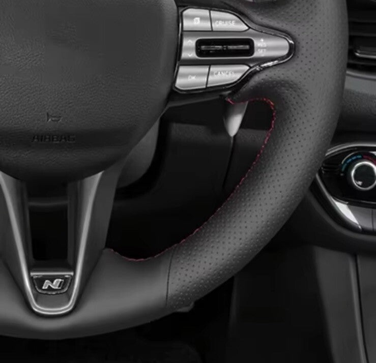 Hyundai I30 Kona Veloster N Leather Steering Wheel Cover Self Stitch Red Thread