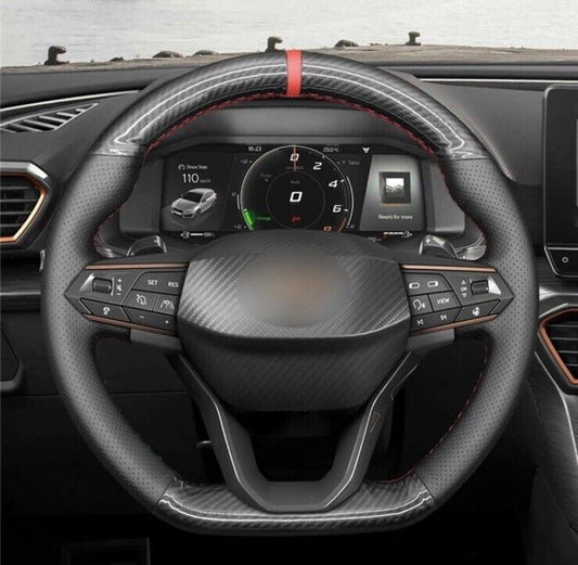 Seat Cupra Leon Ateca Carbon Fibre & Leather Steering Wheel Cover Self Stitch