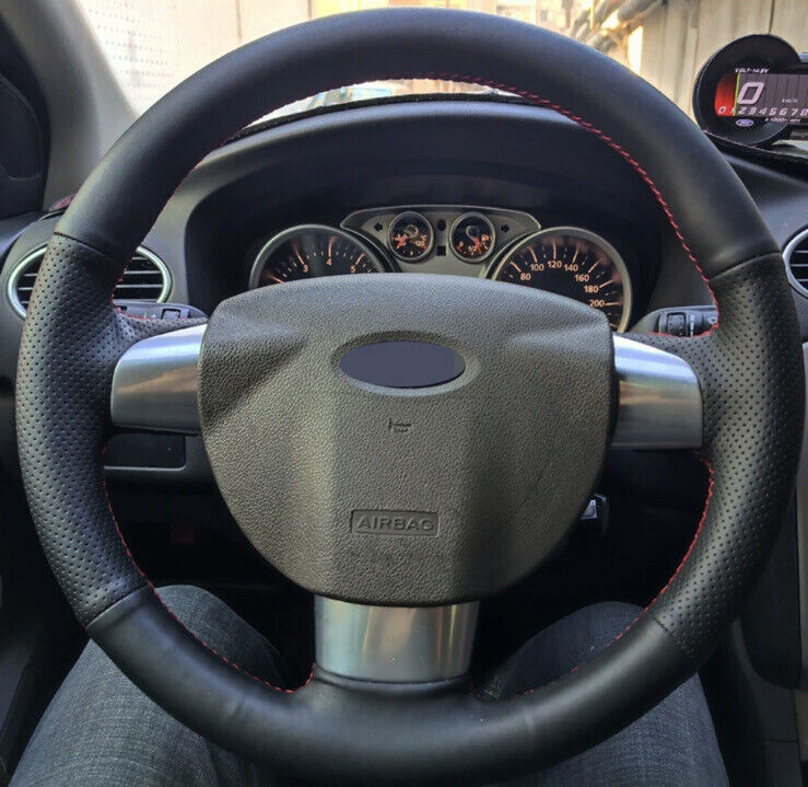 Leather Steering Wheel Cover Ford Focus MK2 2005-2011 Black With Red Stitching