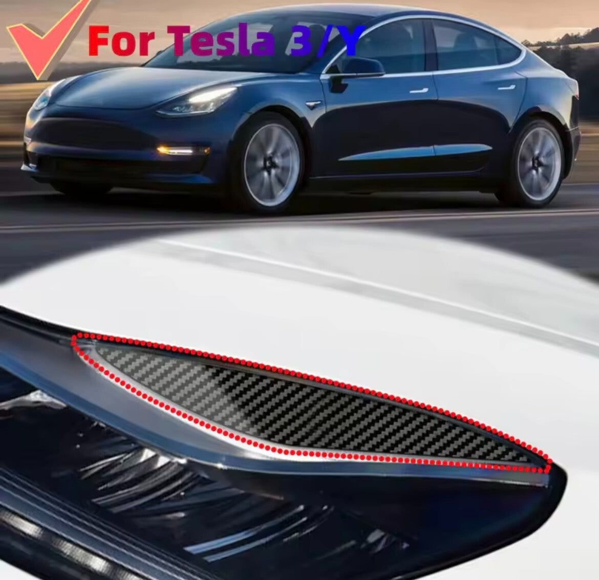 Tesla Model 3 Model Y 2017-2023 Carbon Fibre Headlight Eyelids Eyebrows 2pcs