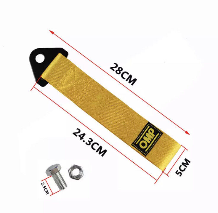 OMP Racing Tow Strap 28cm Yellow Nylon With Fixing Bolt JDM Style Tow Rope 2T