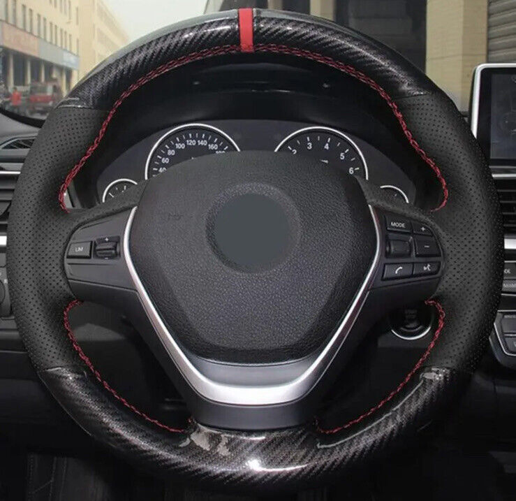 BMW Leather & Carbon Steering Wheel Cover Self Stitch Red Thread & Centre Line