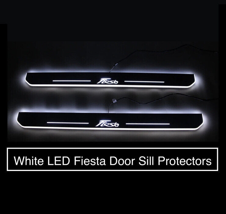 Ford Fiesta White LED Door Sill Protector Strips Door Scuff Plate Lights Chrome