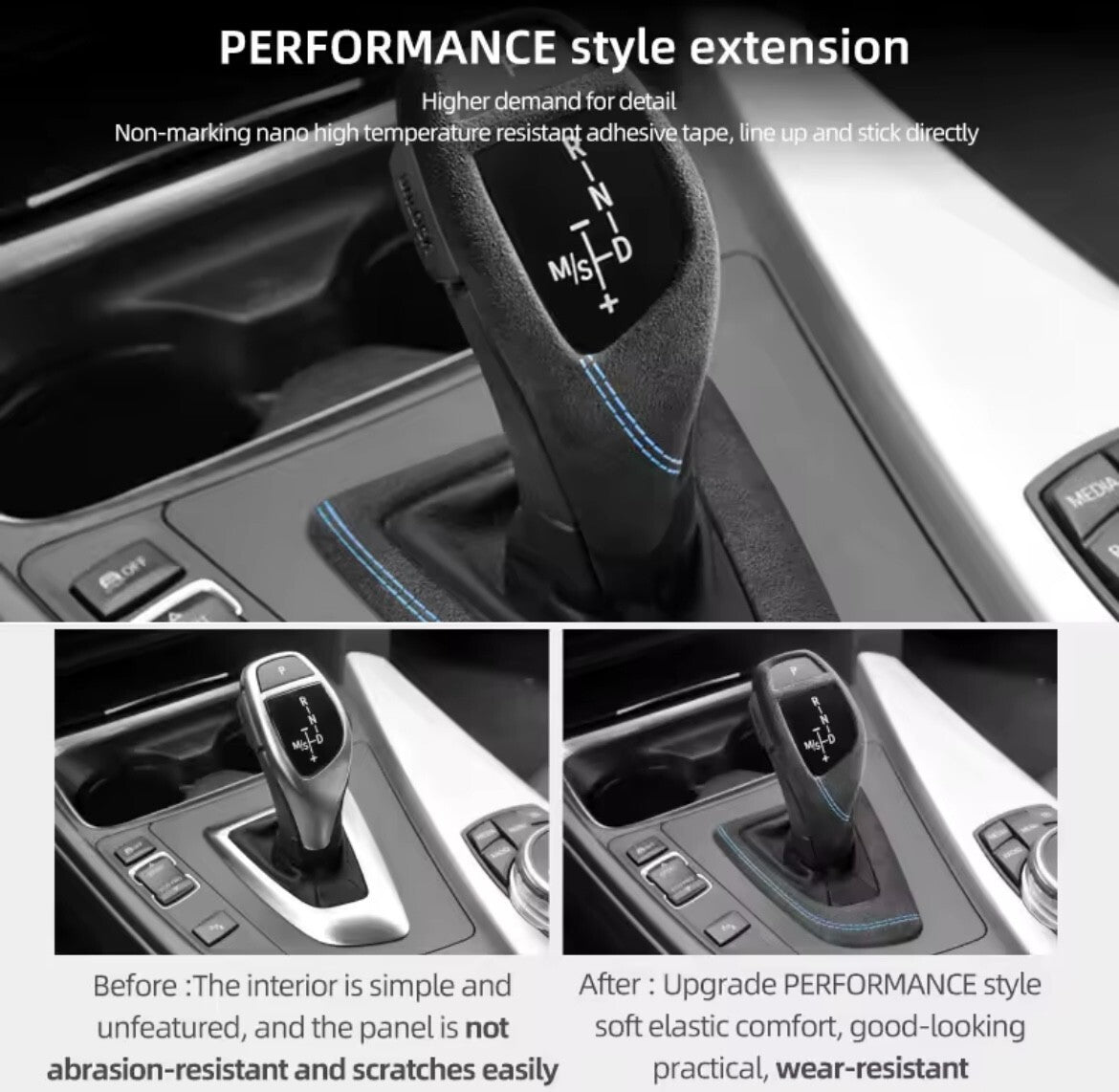 BMW 1 2 3 4 Series Alcantara Automatic Gear Base Surround Cover Blue Line