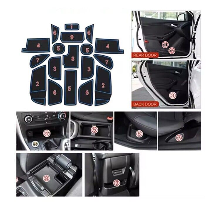 Ford Focus MK3.5 2015-2018 Interior Trim Anti Slip Rubber Mats Black Red 18pcs
