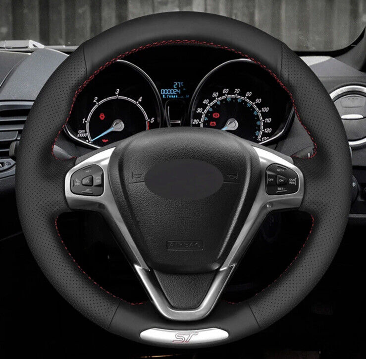 Ford Fiesta ST MK7 MK7.5 Black Leather Steering Wheel Cover Red Thread