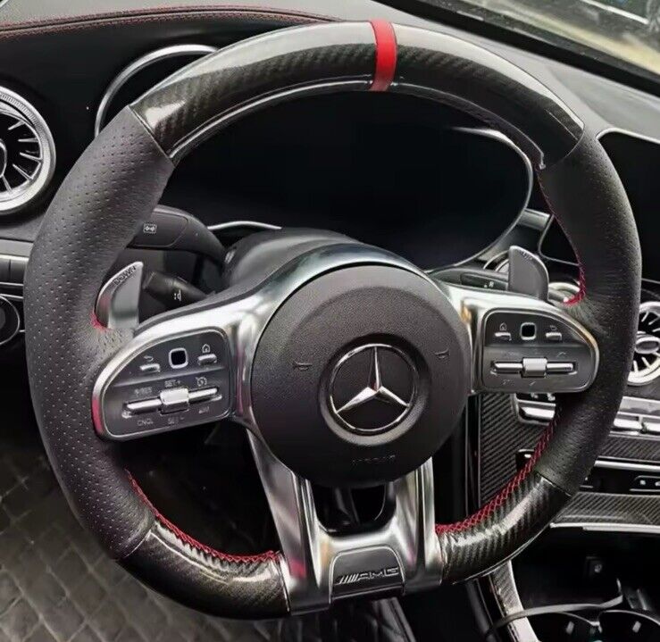 Mercedes A45 E63 GLE53 S65 AMG GT Steering Wheel Cover Carbon & Leather DIY Red